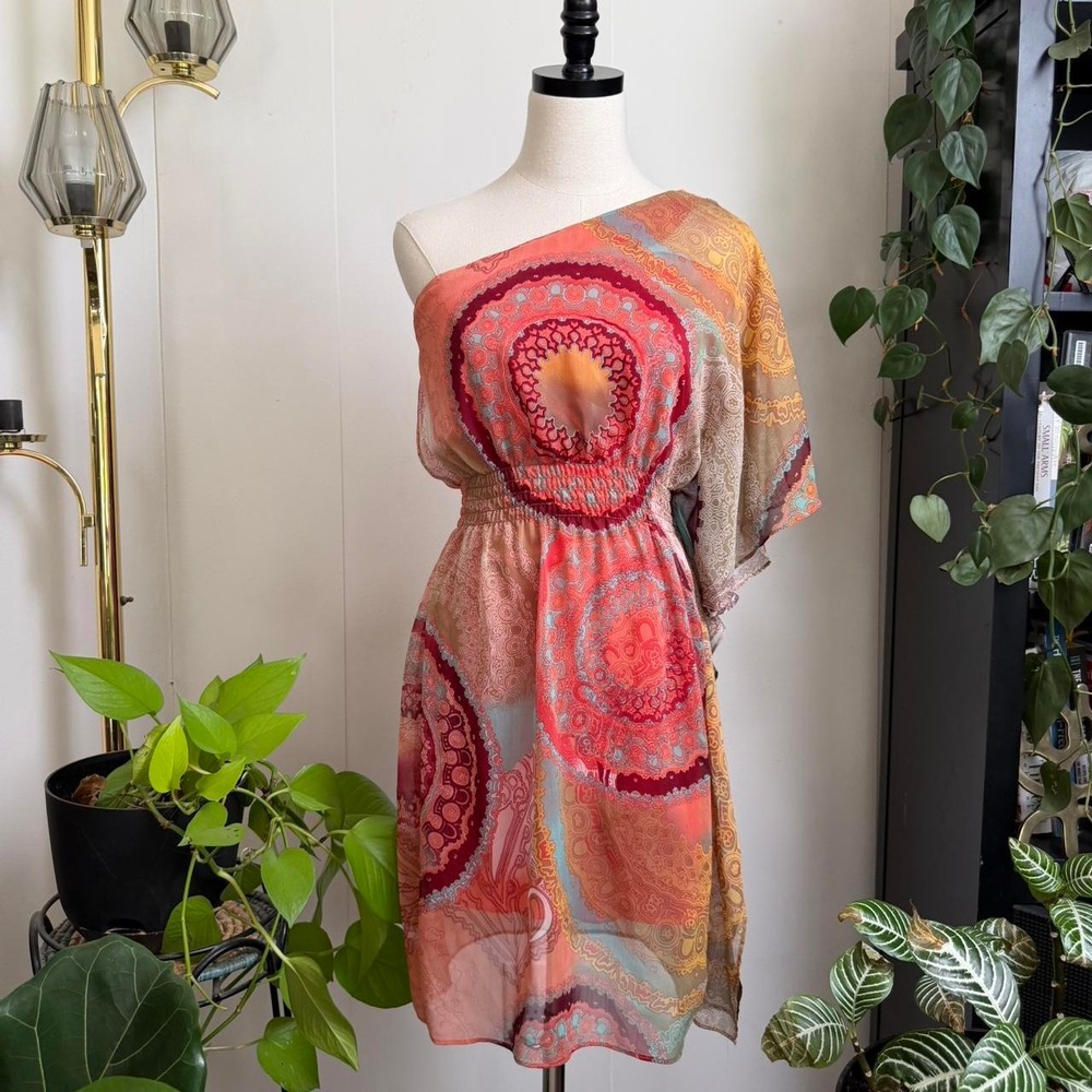 Bisou Bisou Paisley One Shoulder Mini Dress Orange Red Blue Boho Size 6 Small